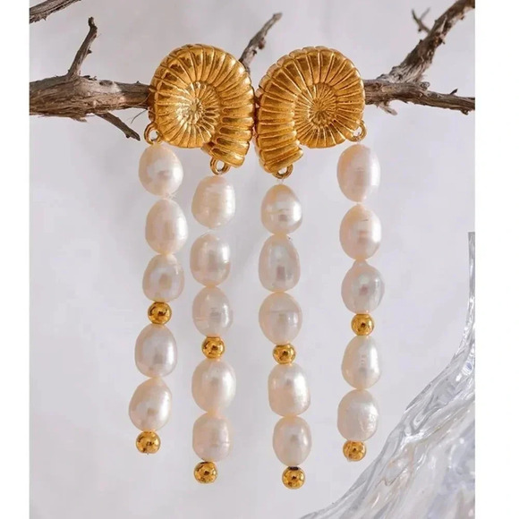 Freshwater Pearl 18K Gold Stainless Steel Waterproof Tassel Shell Earrings - Picture 4 of 15